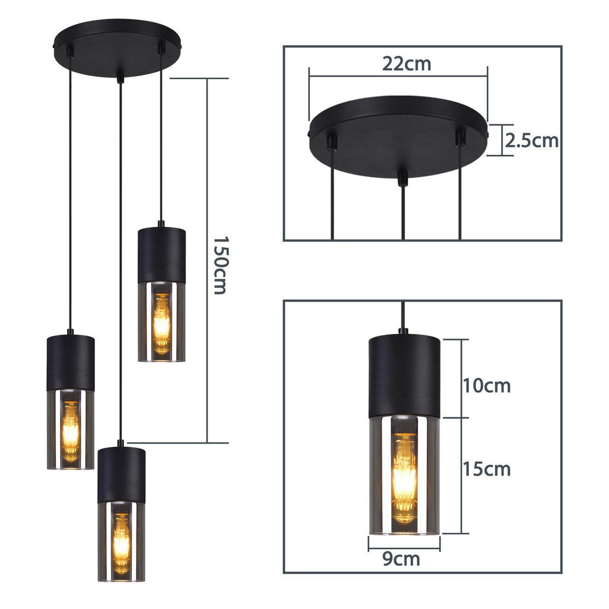 HÄNGELEUCHTE Elmar 3-flammig 22/22/150 cm - Schwarz, Metall (22/22/150cm) - Nettlife