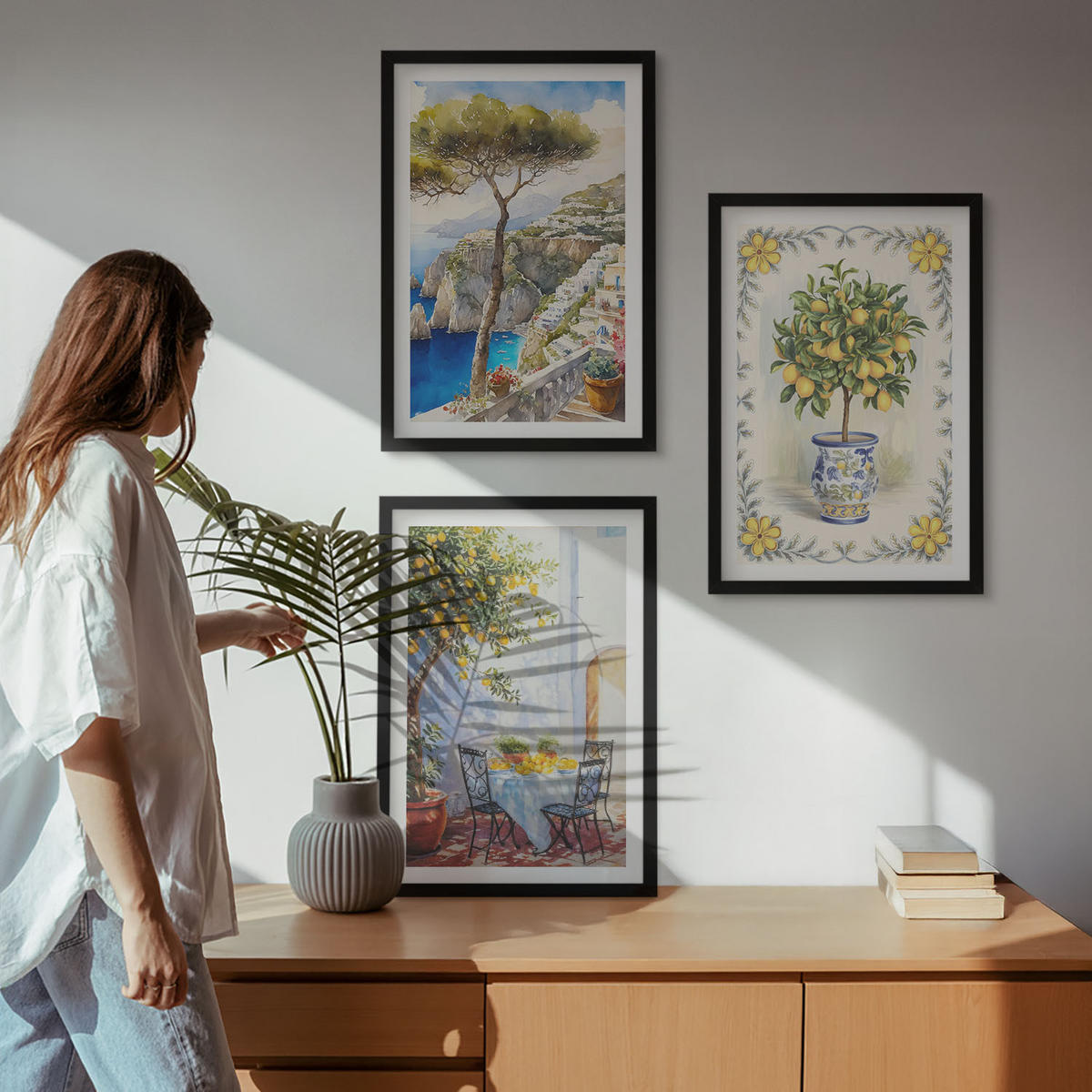WANDBILDER 3er-Set - 40x60 cm Schwarzer Rahmen - Blick auf das Meer aus Zitronenbäumen - Schwarz, Kunststoff (40/60cm) - ArtPrintCave