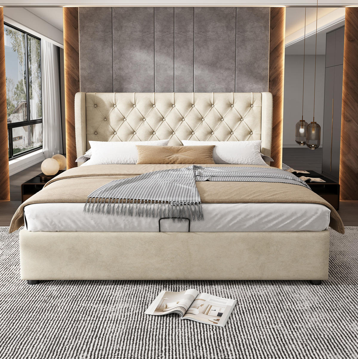 POLSTERBETT aus Samt 140x200 cm Beige mit hydraulischem Bettkasten und Lattenrost - Beige, Textil (140/200cm) - IVMEU