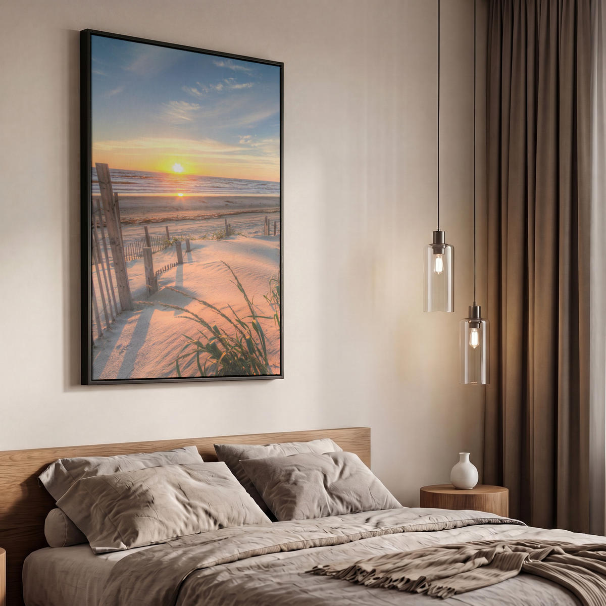 LEINWAND Bilder mit Rahmen - Strand - Meer - Düne - Sonnenuntergang - Landschaft - 60x90 - Beige, Textil (60/90cm) - MuchoWow