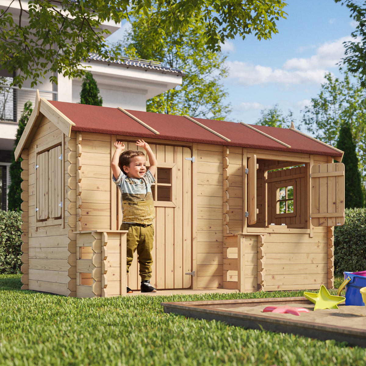 KINDERSPIELHAUS aus Holz - B178xL241xH151 cm/2,63m2 - M503 - Beige, Holz (241/151/146cm) - Timbela