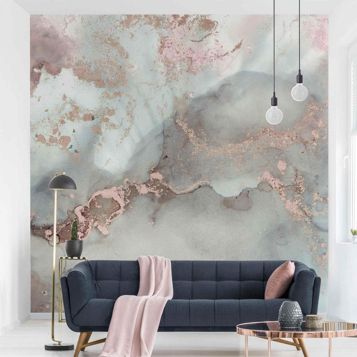FOTOTAPETE Farbexperimente Marmor Pastell und Gold 240/240 cm - Pastellblau, Papier (240/240cm) - Bilderwelten