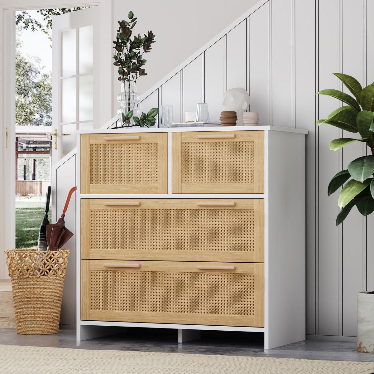 KOMMODE, 4 Schubladen, Rattan-Optik, 80x38x80 cm, NaturxWeiß - Weiß, Holzwerkstoff (38/80/80cm) - Modfu