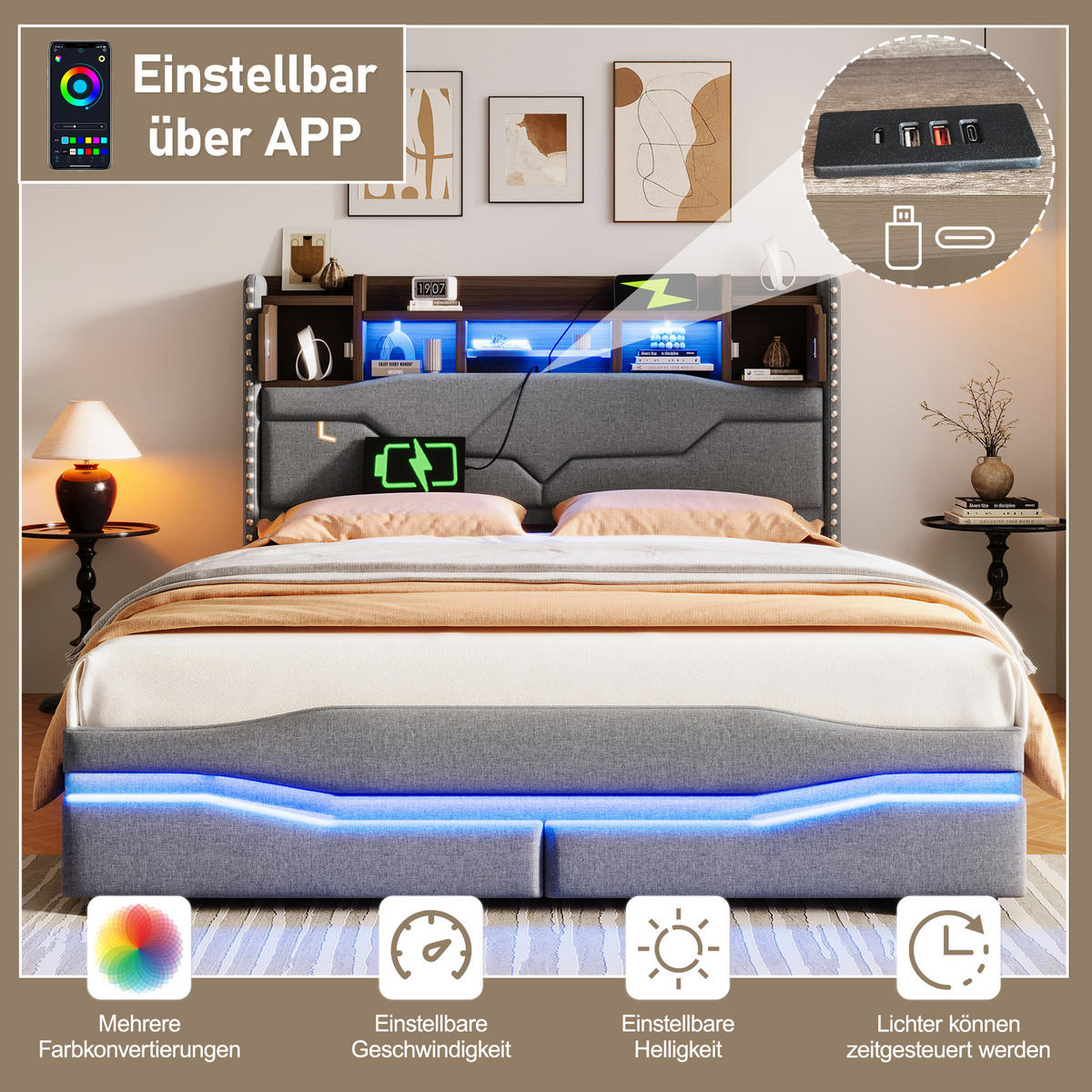 ČALÚNENÁ posteľ 140/200 cm s hydraulickým úložným priestorom, LED osvetlením, USB/Typ-C nabíjaním a čelom s odkladacím priestorom, Sivá - sivá, textil (140/200cm) - Redom