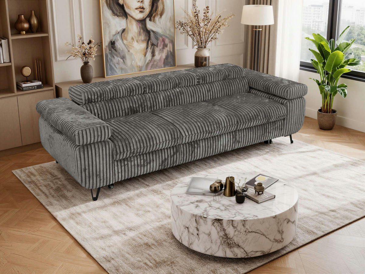 TŘÍMÍSTNÁ POHOVKA PETER 3 s rozkládací funkcí - Šedá Manšestr - šedá/černá, kov/textil (262/76/99cm) - MKS