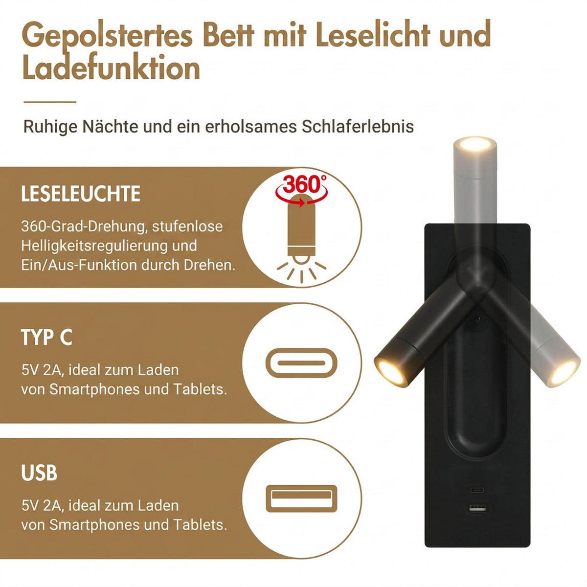 POLSTERBETT 180/200 cm Beige Cord mit Leselampe und USB Type-C Ladefunktion - Beige, Textil (180/200cm) - Oxeza