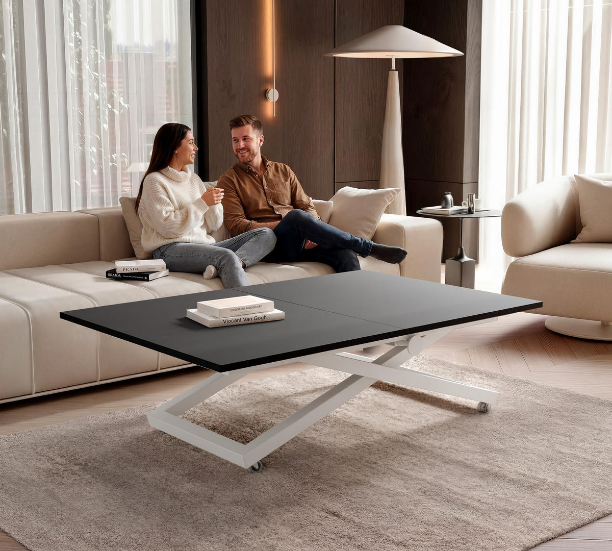 COUCHTISCH ARIA 120-160/80 cm, Höhenverstellbar, Weiß / Schwarz - Schwarz/Weiß, Holzwerkstoff/Metall (120/80/38cm) - Idohome