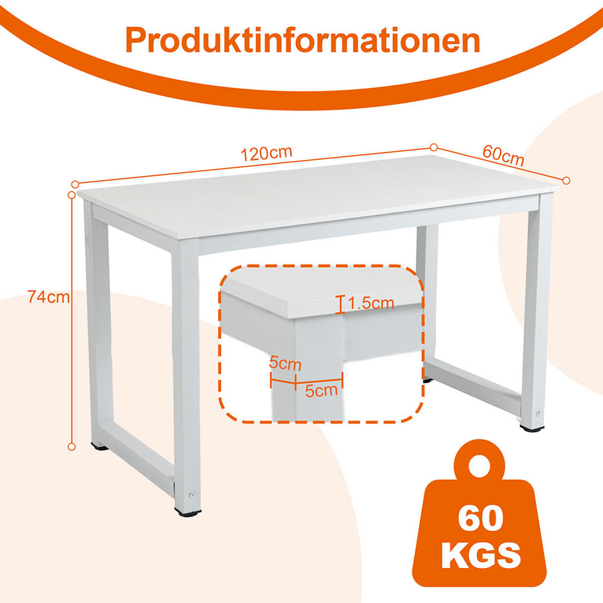 SCHREIBTISCH 120x60x74cm- Weiß - Weiß, Holz/Metall (120/60/74cm) - KOMHTOM