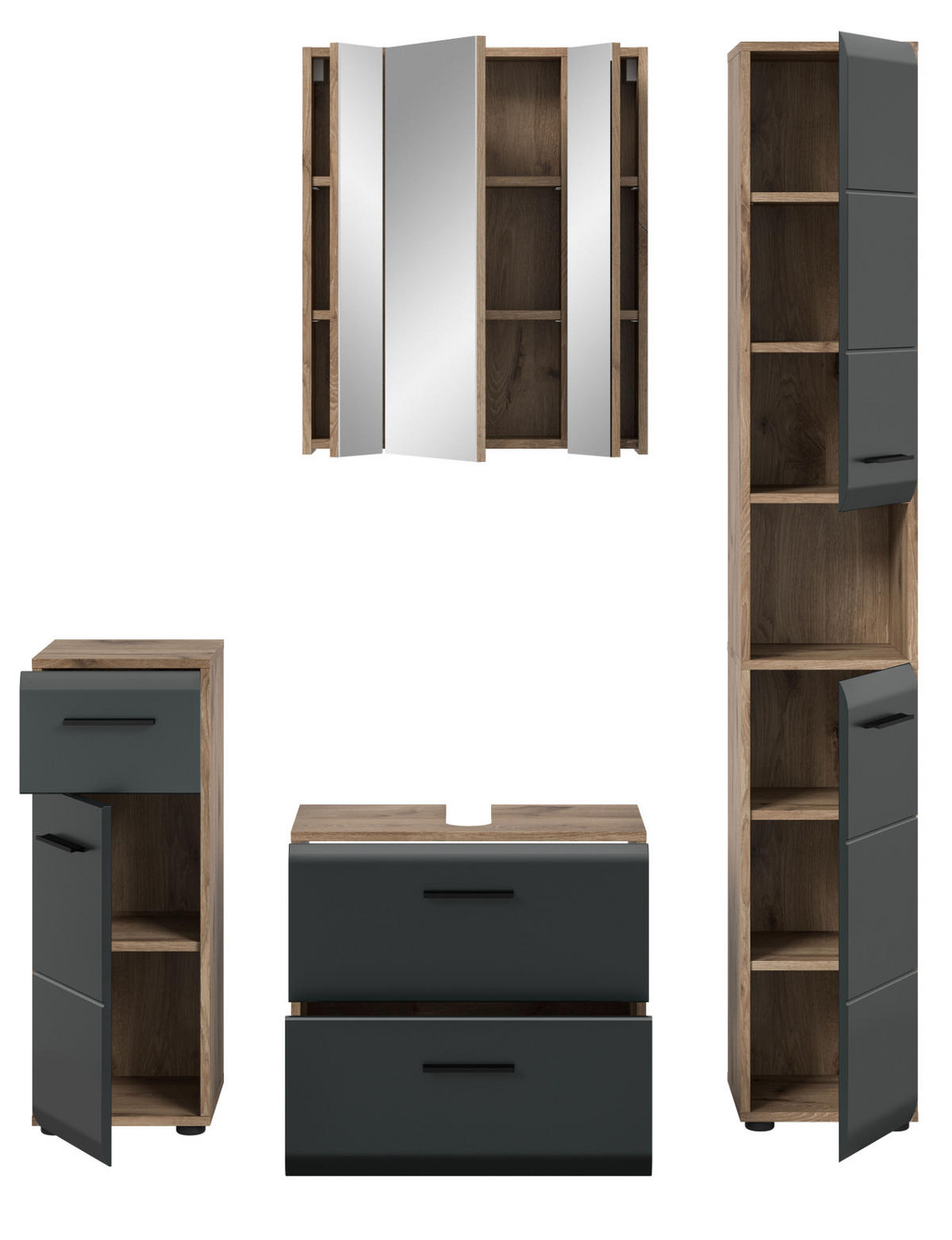 BADMÖBEL-SET 4-teilig Schwarz matt, Eiche Nox 150 x 185 cm, mit viel Stauraum und Vollauszug - Eichefarben/Schwarz, Glas/Holzwerkstoff (150/185/30cm) - Inn.Furn