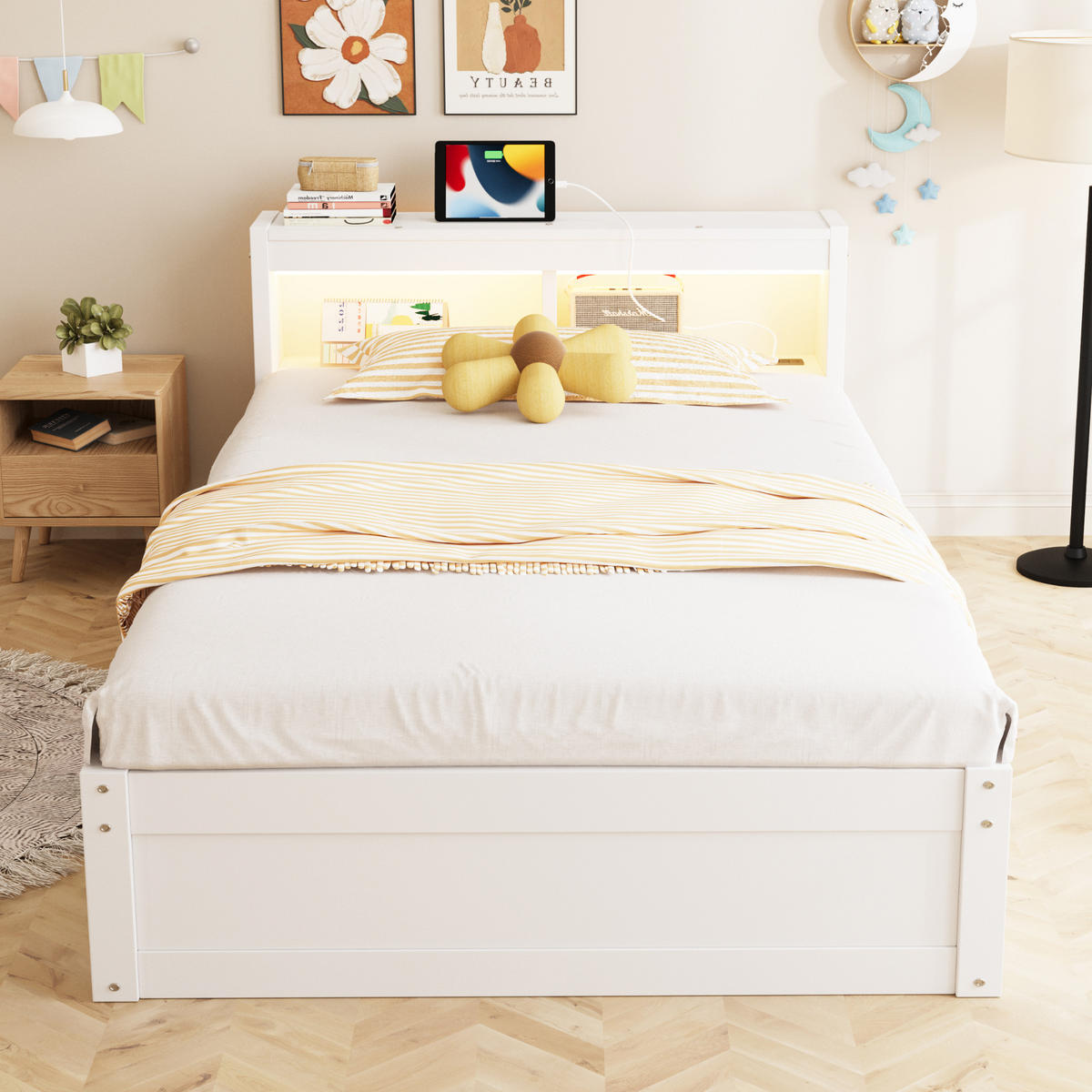 SCHLAFSOFA 90x200cm LED Stauraum Steckdose Massivholz Weiß - Weiß, Holzwerkstoff (90/200cm) - FLIEKS