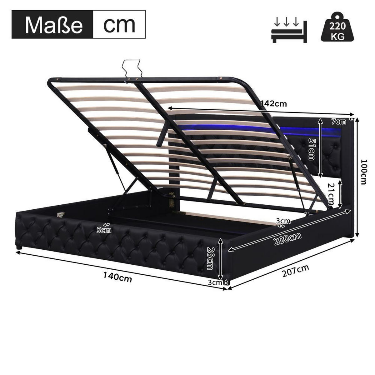 POLSTERBETT 140/200 cm in Schwarz PU mit Funktion Von Aufbewahrung - Schwarz, Holz/Textil (140/200cm) - KOMHTOM