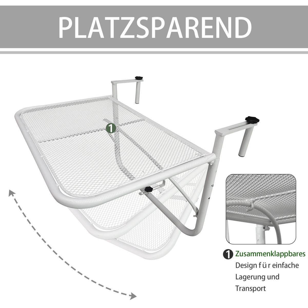BALKONHÄNGETISCH Gartentisch höhenverstellbar rechteckig Terrasse Beistelltisch - Weiß, Metall (60/56/50cm) - Outsunny