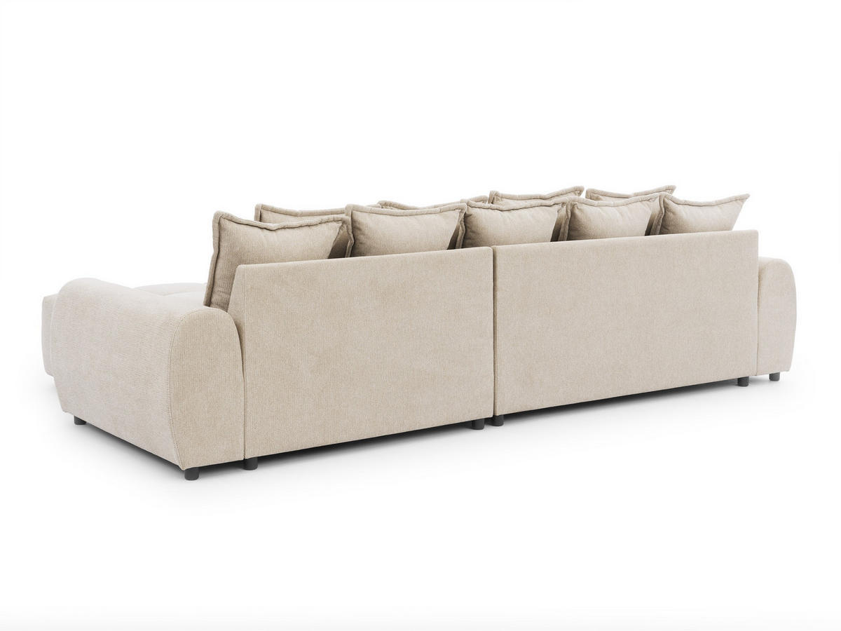 ECKSOFA Bubble mit losen Rückenkissen und Sitzfläche in Bubble-Optik aus weichem Hellbeige Strukturstoff mit schöner Sitzkomfort - Ottomane rechts - Beige/Schwarz, Holz/Kunststoff (306/180cm) - S-Style Möbel
