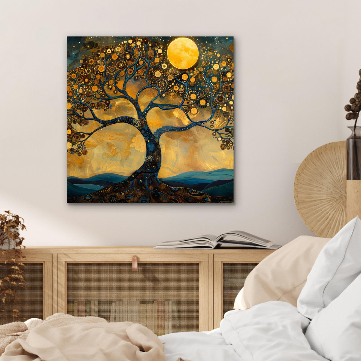 KOVOVÝ OBRAZ Strom - Mesiac - Kvety - Zlato - Umenie 50x50 cm - oranžová, kov (50/50cm) - MuchoWow