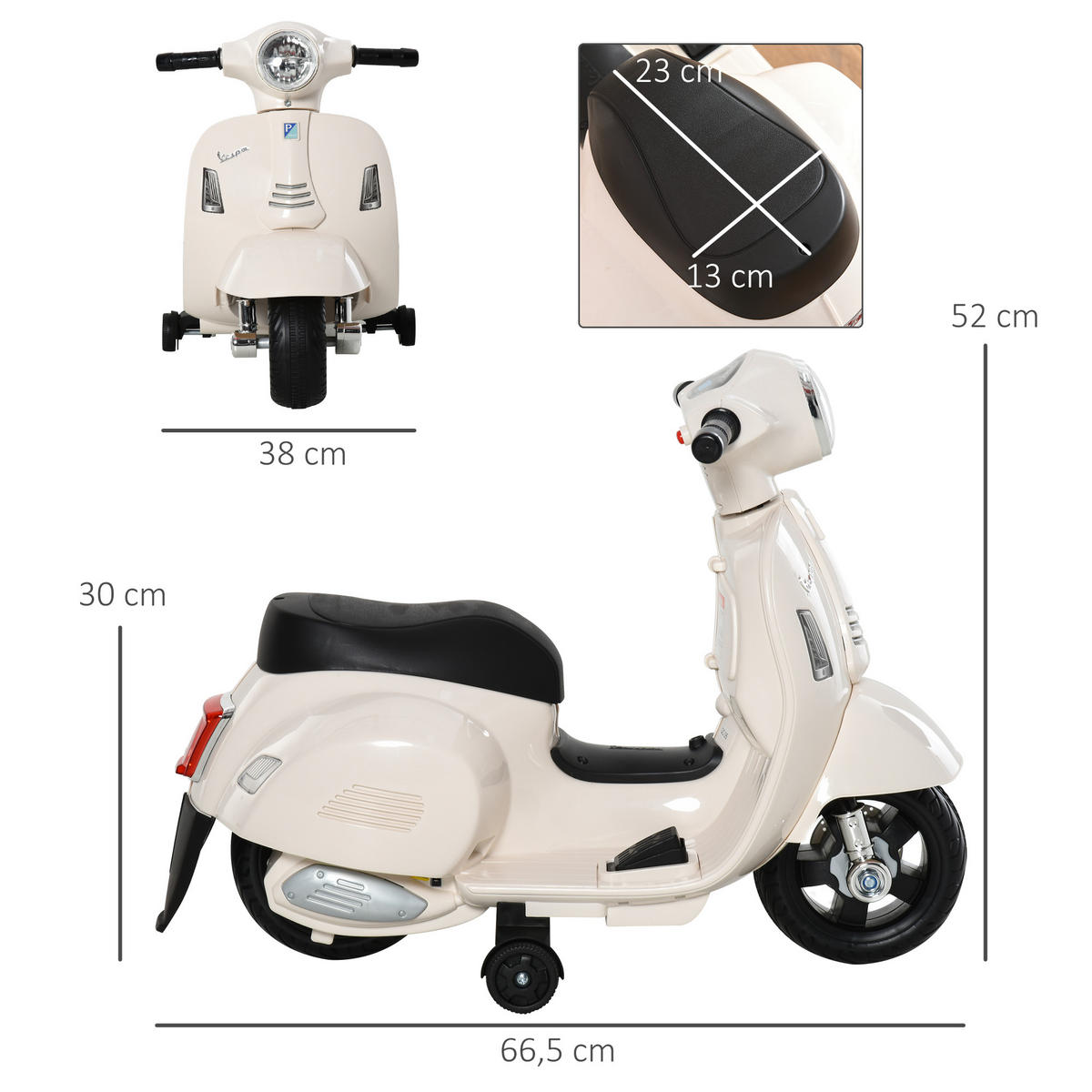 VESPA Elektromotorrad Kindermotorrad Elektrofahrzeuge 1,5 bis 3 Jahren Weiß - Weiß, Metall (66.5/38/52cm) - HOMCOM
