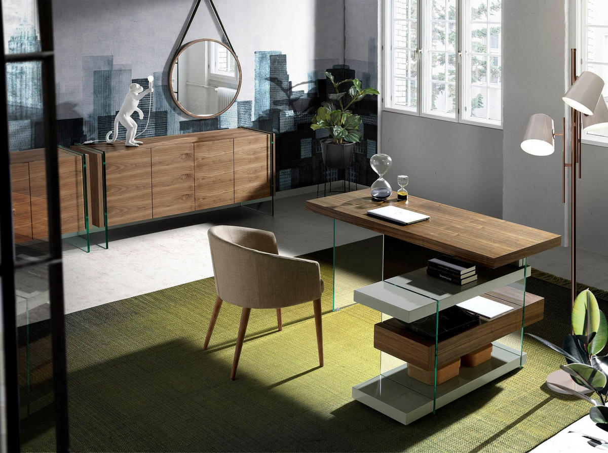 SCHREIBTISCH Schreibtisch aus grauem Holz und gehärtetem Glas mit Platte aus Walnussholz 140/127/75 cm - Transparent/Walnussfarben, Glas/Holz (127/140/75cm) - ANGEL CERDA