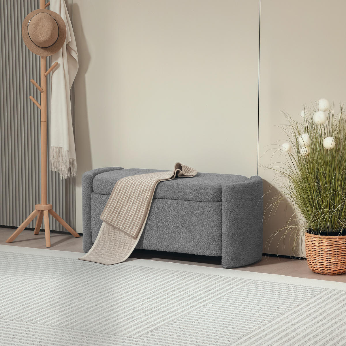 TRUHENBANK Samtoptik Grau - Eukalyptusholzfarben/Grau, Holz/Kunststoff (44/45.5/105cm) - HOMCOM