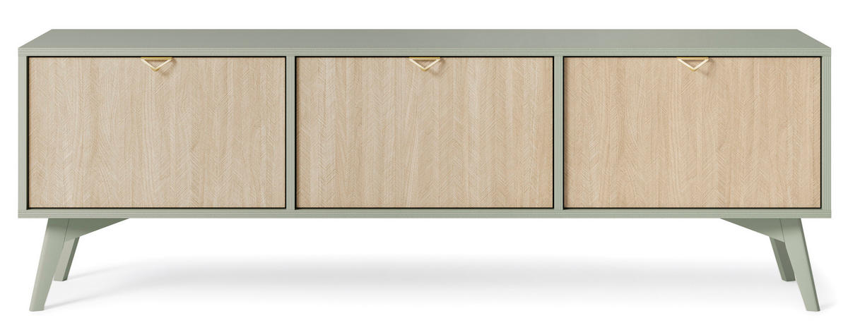 LOWBOARD Silva 158 cm in der Farbe Eukalyptus + Scandi-Fischgrätmuster mit Türen - Goldfarben/Grün, Holz/Holzwerkstoff (158/53/38cm) - Ravio