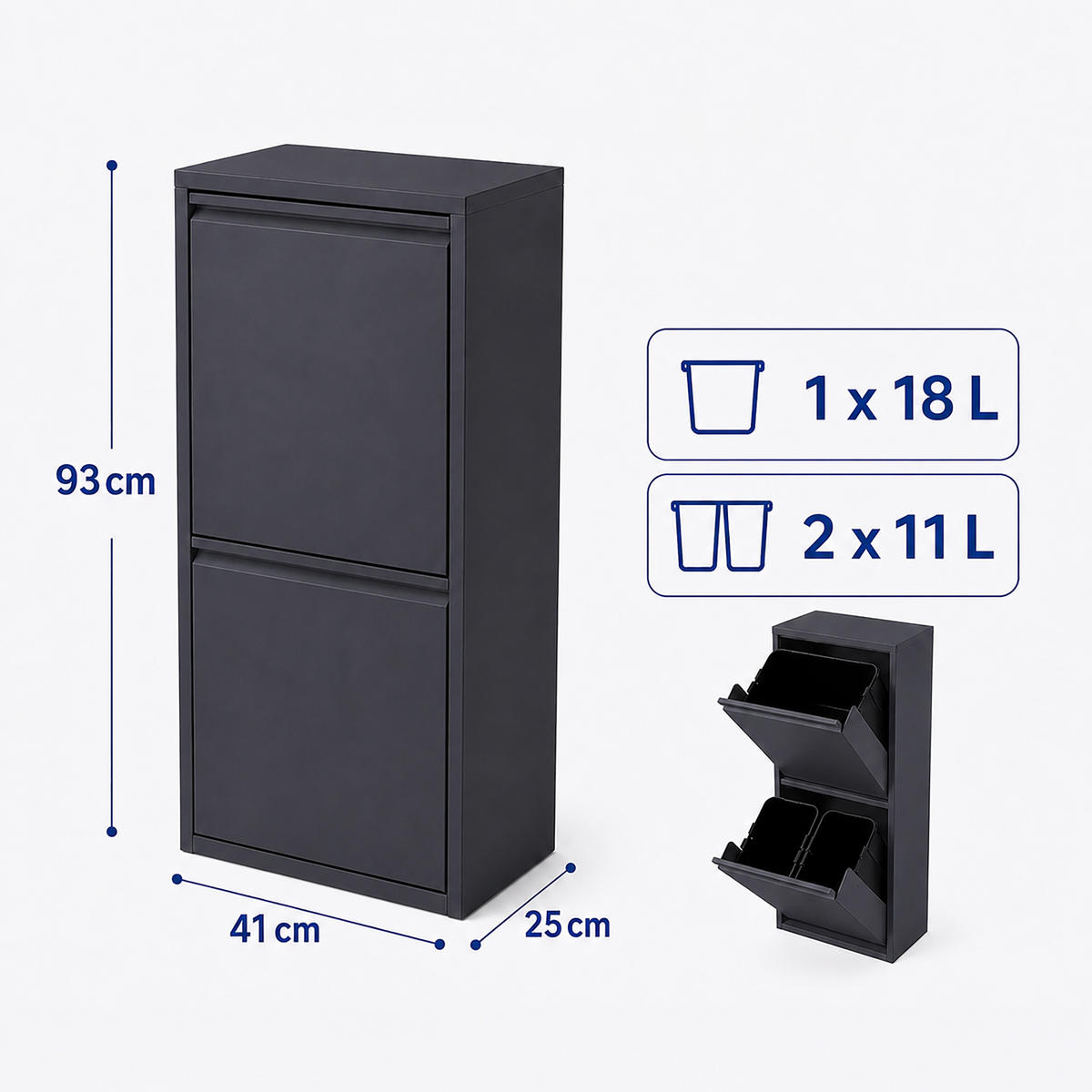 PUBELĂ Antracit 3-compartimente 40 l - antracit, material plastic/metal (41/93/25cm) - Relaxdays