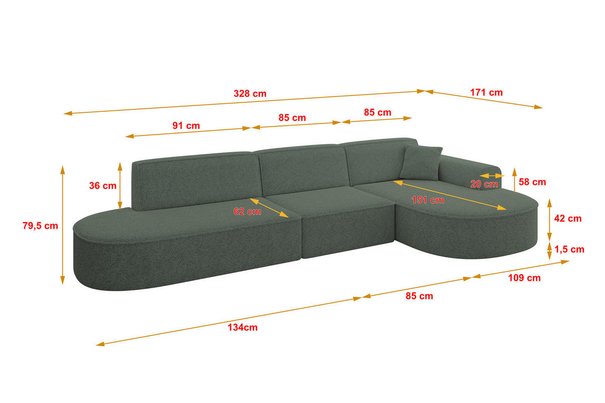 ECKSOFA Ottomane Rechts MARI-L2 - 328x171x79 cm Grün Tissu - Schwarz/Grün, Holzwerkstoff/Kunststoff (171/328cm) - ALTDECOR