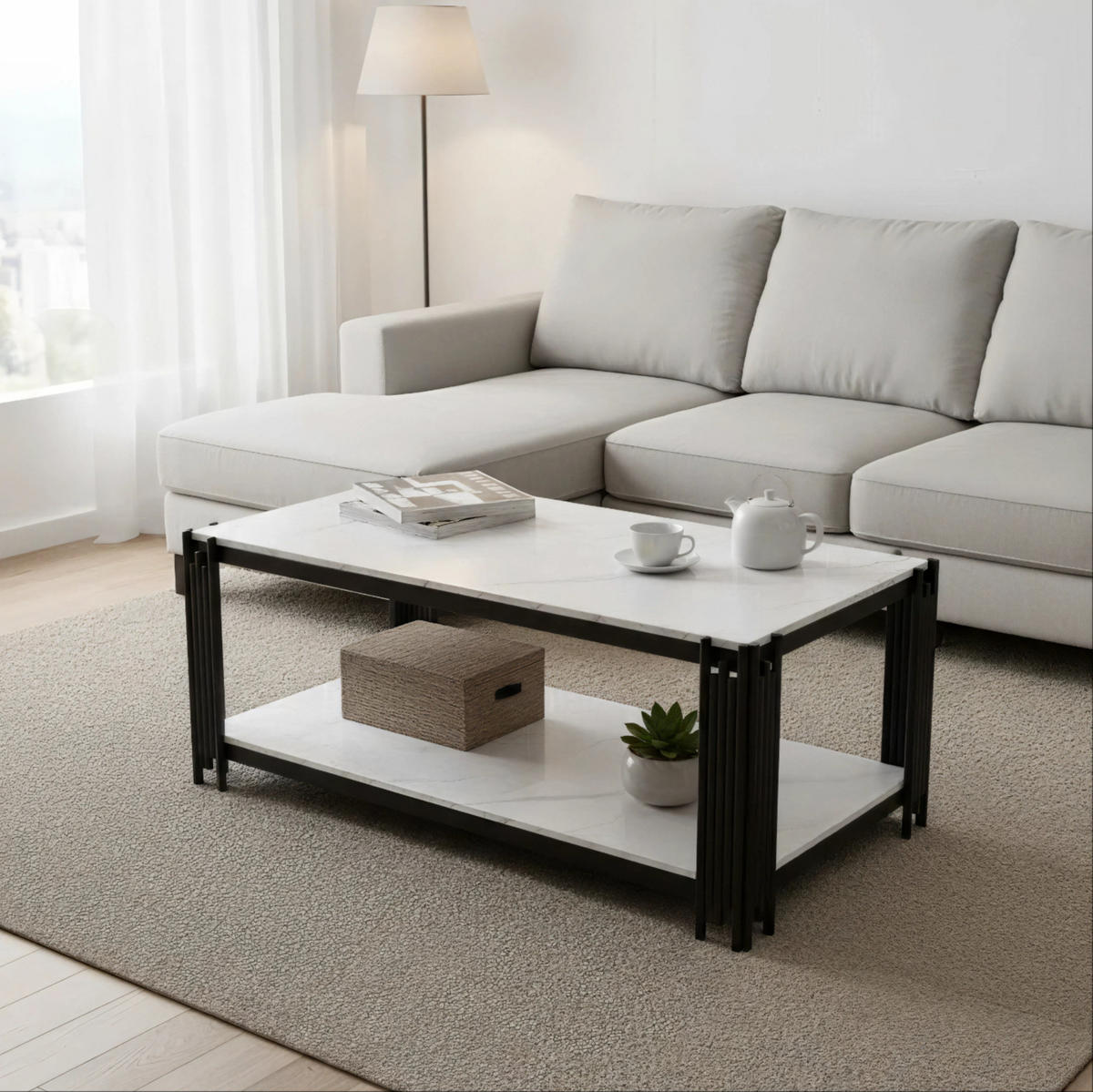 COUCHTISCH aus MDF und Metall 114x63.5x46.3cm in Weiß mit 2 Ablagen - Weiß, Holzwerkstoff (114/63.5/46.3cm) - Modfu