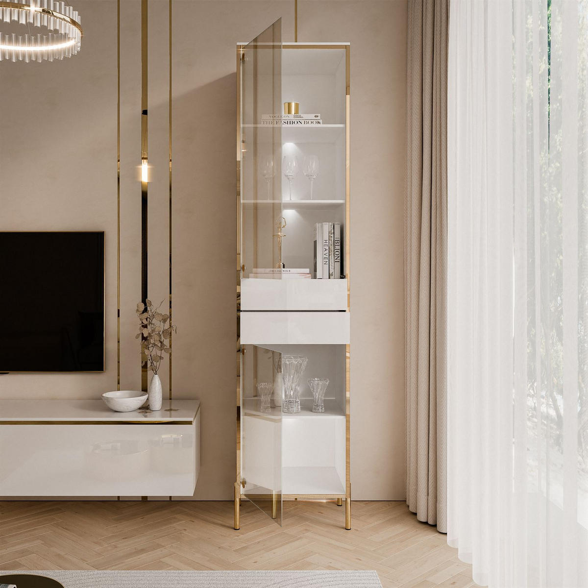 VITRINE AURORA in Weiß hochglanz mit LED-Beleuchtung mit gerade Goldchrom Fuße - Weiß Hochglanz/Goldfarben, Holzwerkstoff/Metall (45/195/40cm) - Lookway