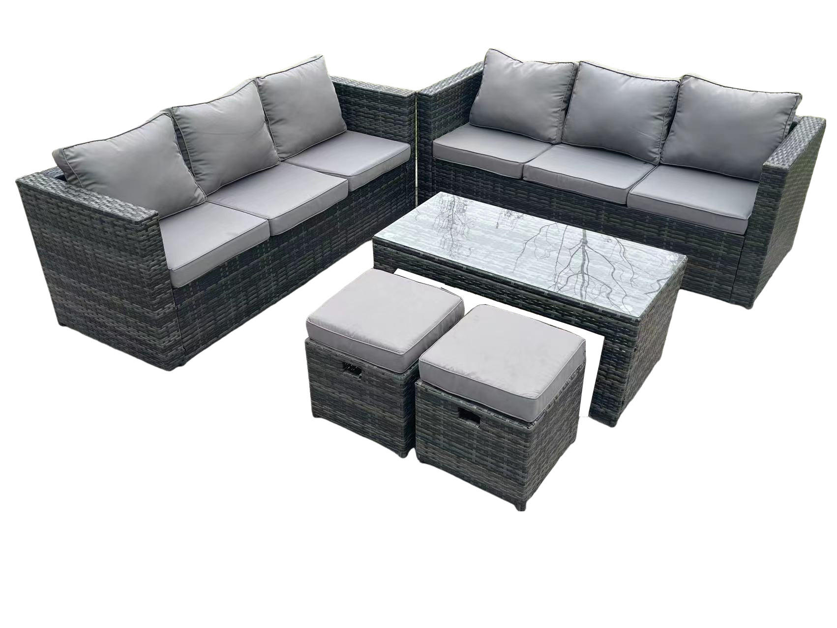 GARTENMÖBELSET mit Couchtisch Polyrattan 8-Sitzer - Dunkelgrau/Grau, Glas/Kunststoff - Fimous
