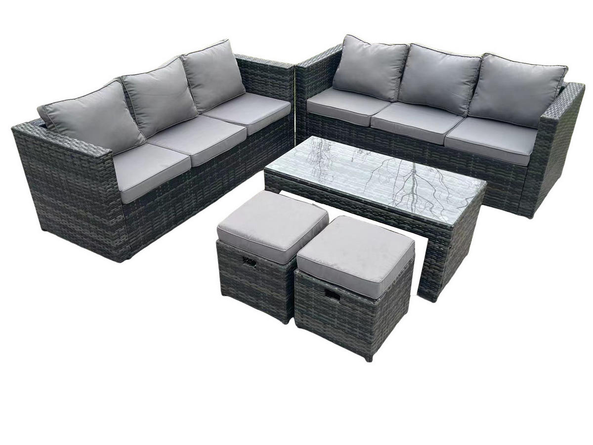 GARTENMÖBELSET mit Couchtisch Polyrattan 8-Sitzer - Dunkelgrau/Grau, Glas/Kunststoff - Fimous