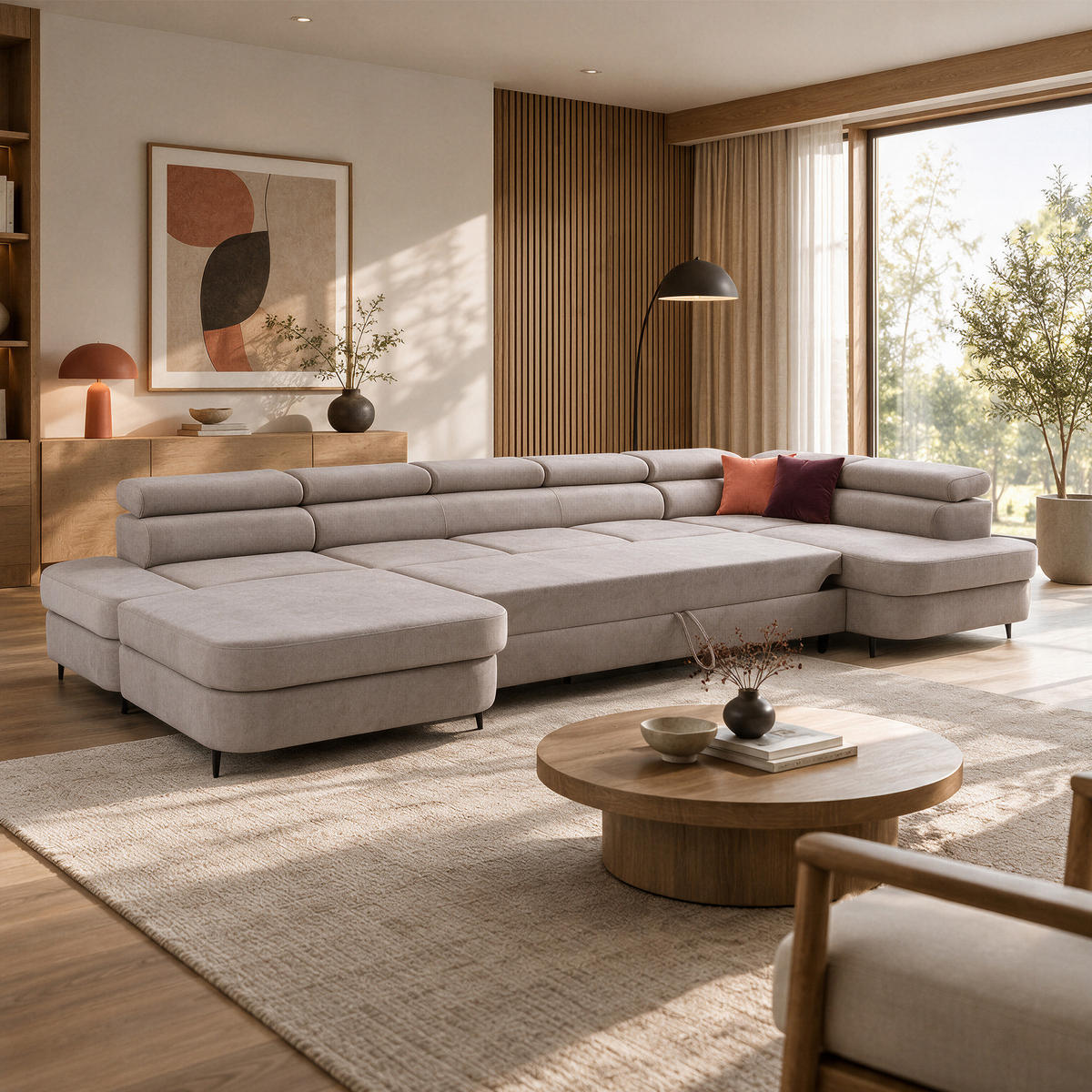 ECKSOFA U-Form PRIAM MAXI U Rechts mit Schlaffunktion 125x317 Velours Beige - Beige/Schwarz, Holz/Textil (400/91/203cm) - Muffo