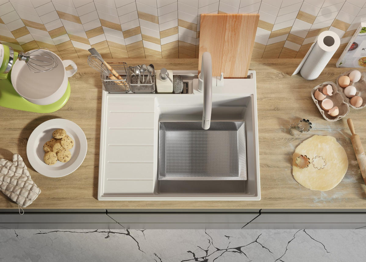 SPÜLBECKEN Sydney Pocket, 2-er set Weiß 62/53 cm 1 Becken + Ablauf-Set + Küchenzubehörset ab 45er Unterschrank - Chromfarben/Beige, Kunststoff (62/20/53cm) - Primagran