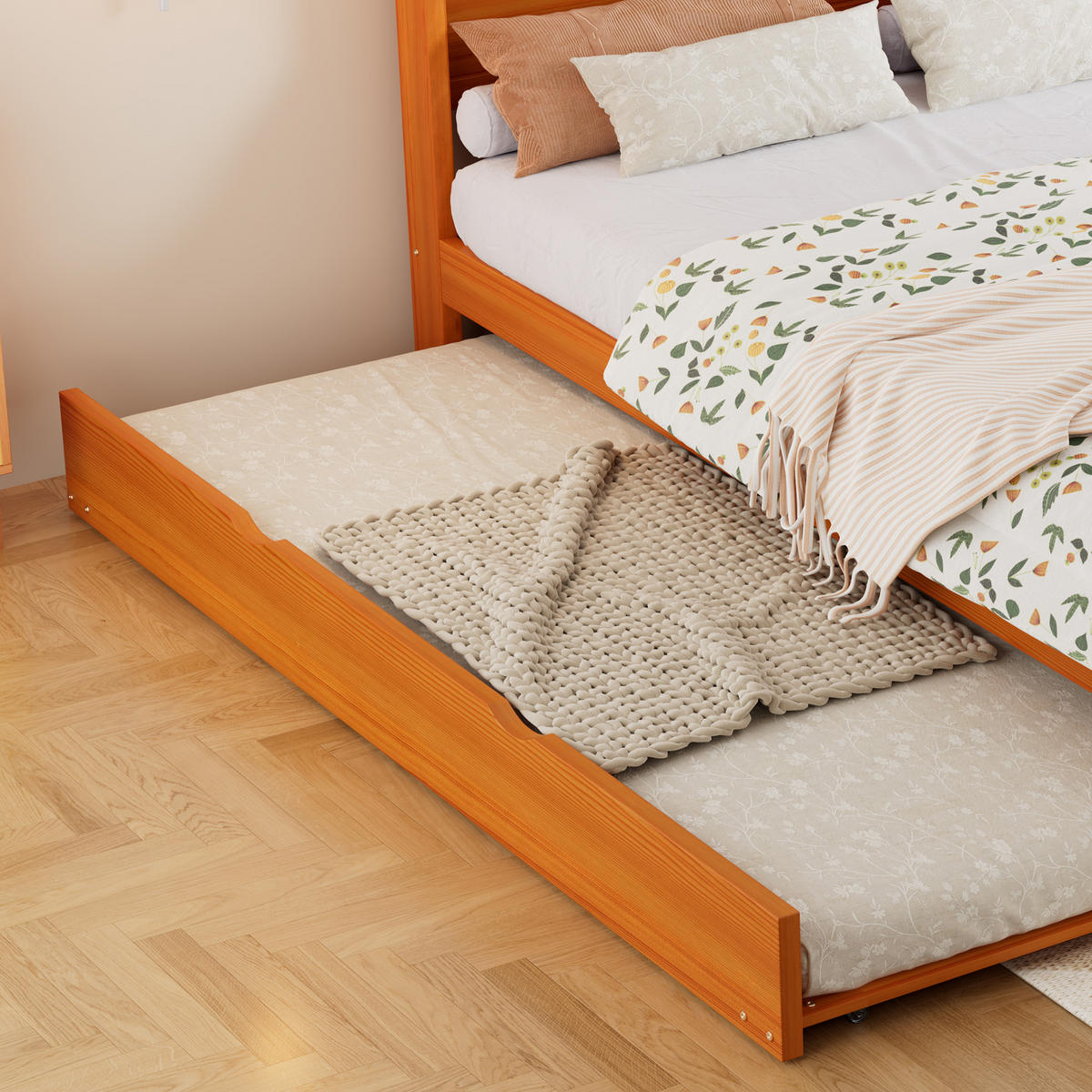 BETT 140/200 cm in Natur mit Ausziehbett, Gästebett und abgerundetem Kopfteil aus Holz - Naturfarben, Holzwerkstoff (140/200cm) - STILVORA
