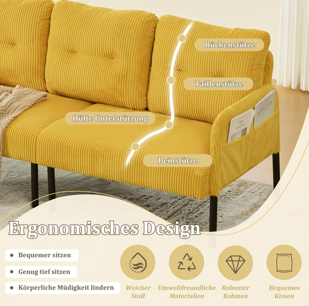 3-SITZER-SOFA 171/72/80 cm aus Cord mit Seitentasche Gelb - Gelb, Textil (72/80/171cm) - Modenvie
