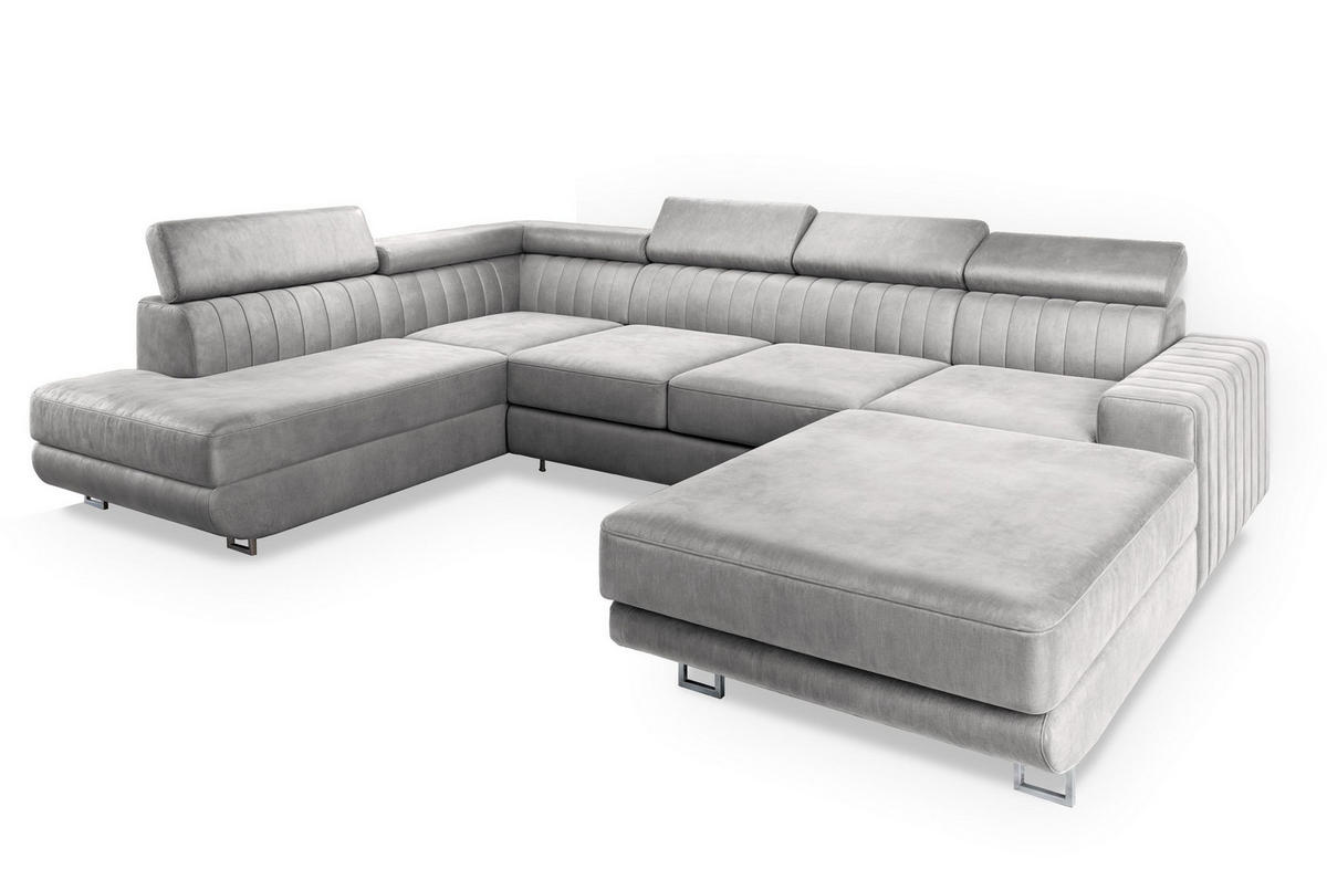 WOHNLANDSCHAFT SIENA L-S Hellgrau Velours-Stoff mit Schlaffunktion - Hellgrau, Holz (335/89/190cm) - MASSENO