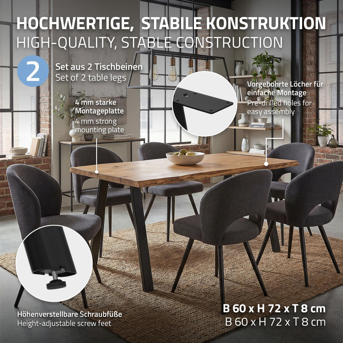 TISCHBEINE Metall Schwarz 2er Set 60x72 cm Flach Tischgestell aus Stahl A-Form - Schwarz, Metall (60/72/8cm) - ML-DESIGN