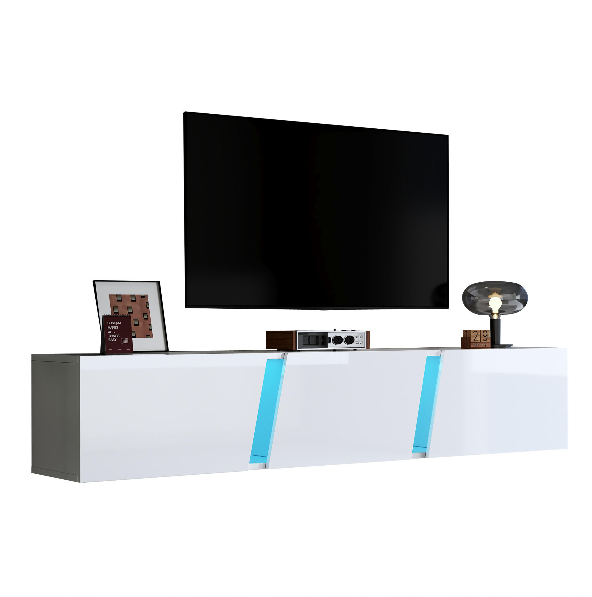 LOWBOARD 180/35/30 cm in Weiß, wandmontiert mit LED-Beleuchtung und 3 Klapptüren - Weiß, Holzwerkstoff (180/30/35cm) - Flora Grace