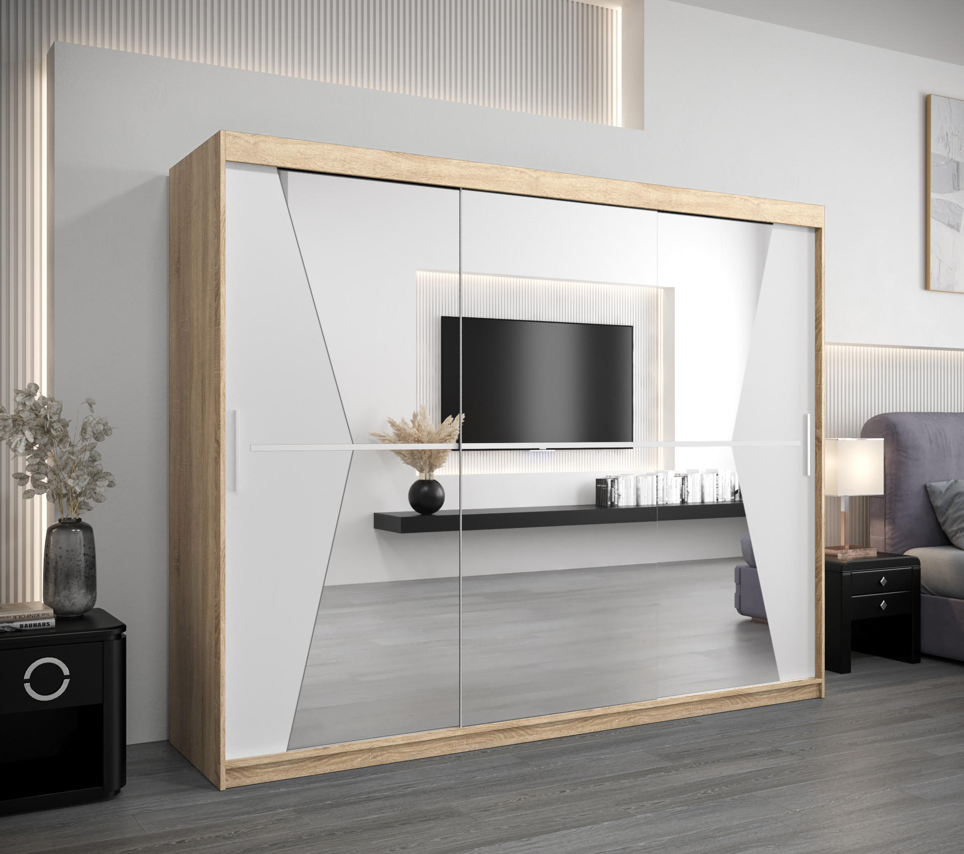 SCHWEBETÜRENSCHRANK 200/250/62 3-türig - Silberfarben/Weiß, Holz/Kunststoff (250/200/62cm) - Abiks Möbel