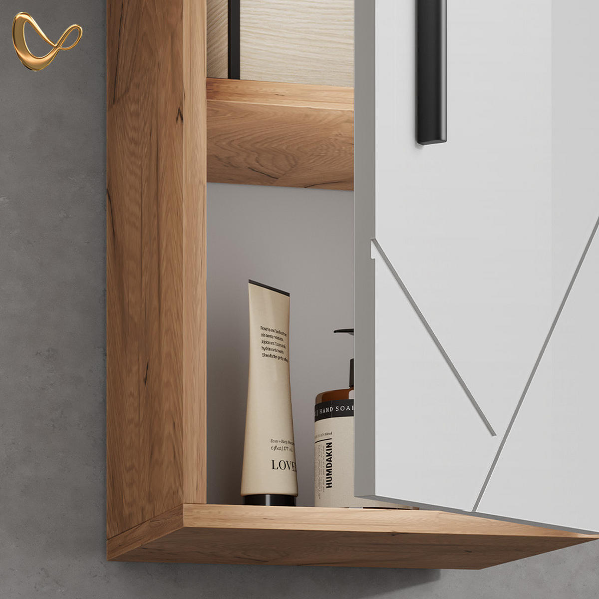 BADSCHRANK Ronco Weiß Hochglanz/Goldkraft Eiche 30 x 59 cm mit Regal - Honigeiche/Weiß Hochglanz, Holzwerkstoff (30/59/24cm) - Livinity®