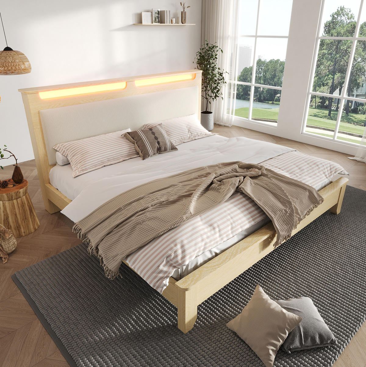 DVOULŮŽKOVÁ postel 160/200 cm béžová a dubová z manšestru a dřeva s LED a úložným čelem - béžová, textil (160/200cm) - OKWISH