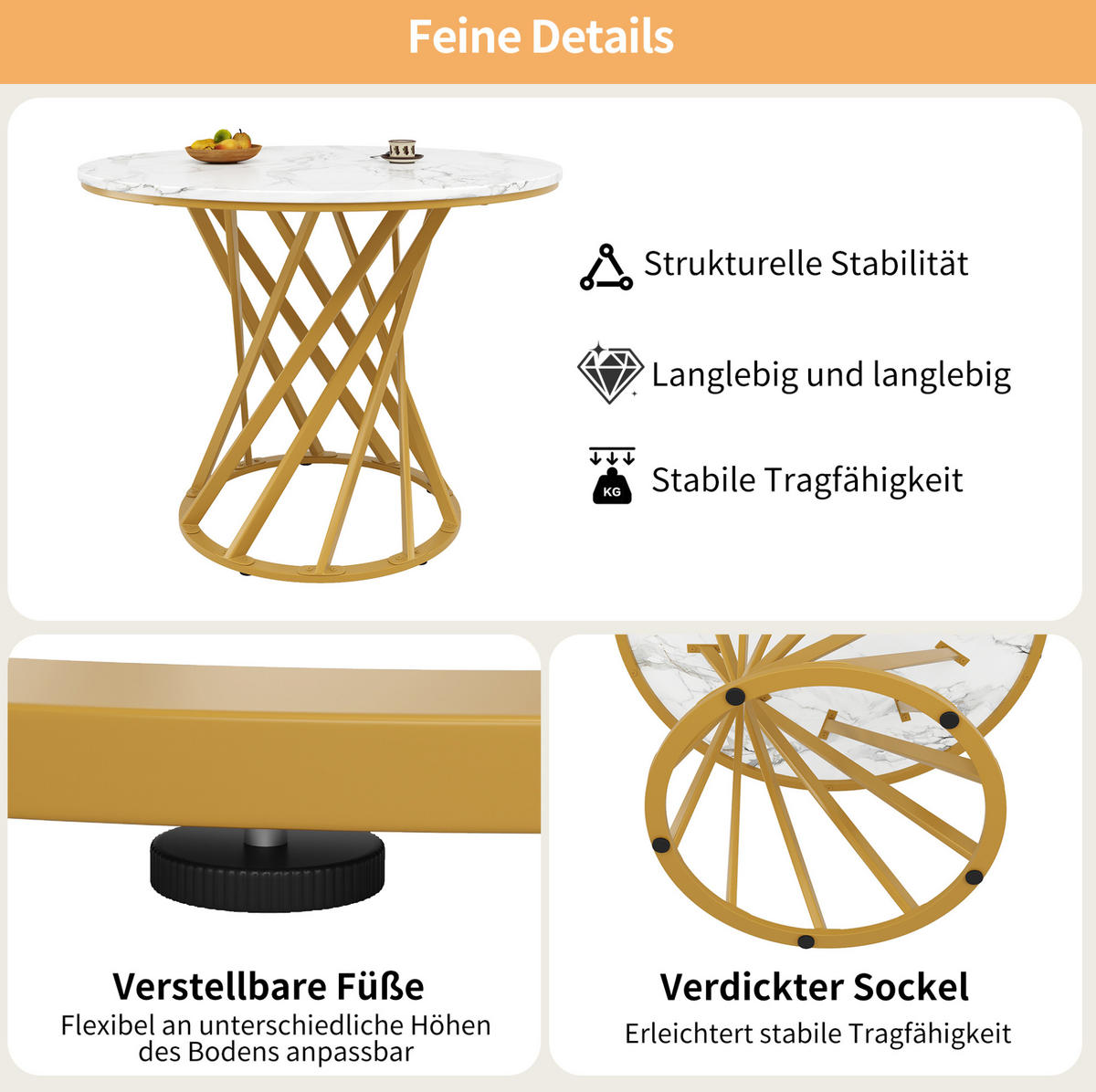 JÍDELNÍ stůl 80/80/76 cm s MDF deskou a nastavitelnými nohami, Zlatá/Bílá - zlatá, kompozitní dřevo (80/80/76cm) - Redom