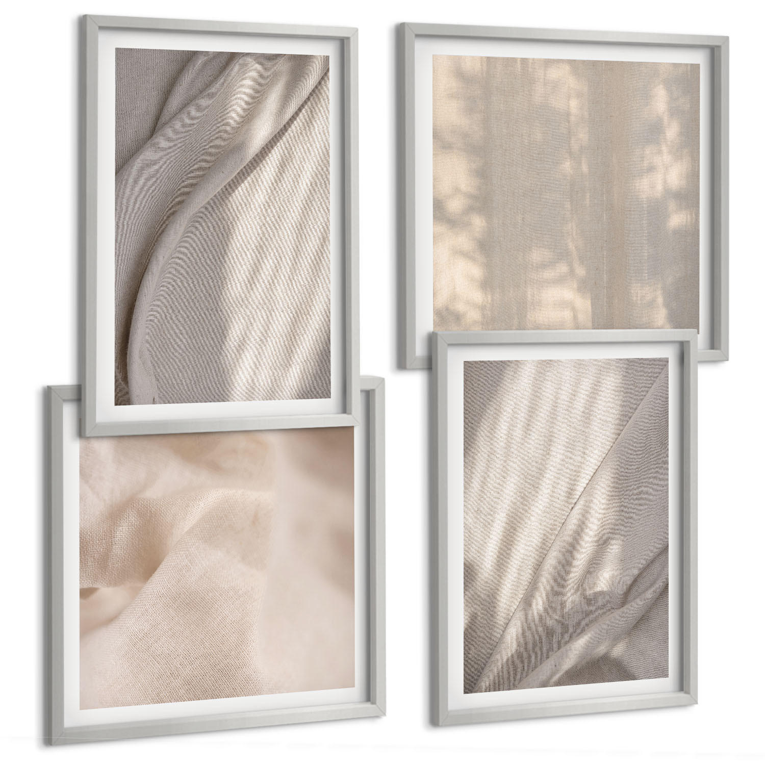 BILDER SET 4er Set - 50x50 cm & 40x60 cm Silberner Rahmen - Nahaufnahme von natürlichen Boho-Stoffen - Silberfarben, Kunststoff (50/50cm) - TULUP