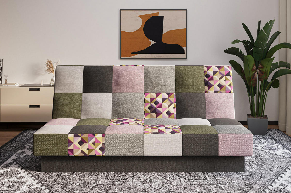 SCHLAFSOFA - Cyprus patchwork - Rosa + Oliv - Rosa, Holz (192/85/92cm) - Möblo