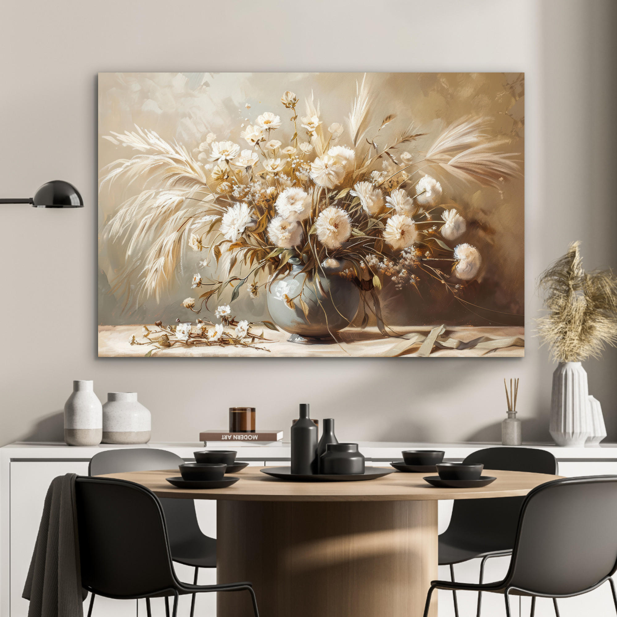 METALLBILD Blumen - Vase - Stilleben - Beige 90x60 cm - Creme, Metall (90/60cm) - MuchoWow