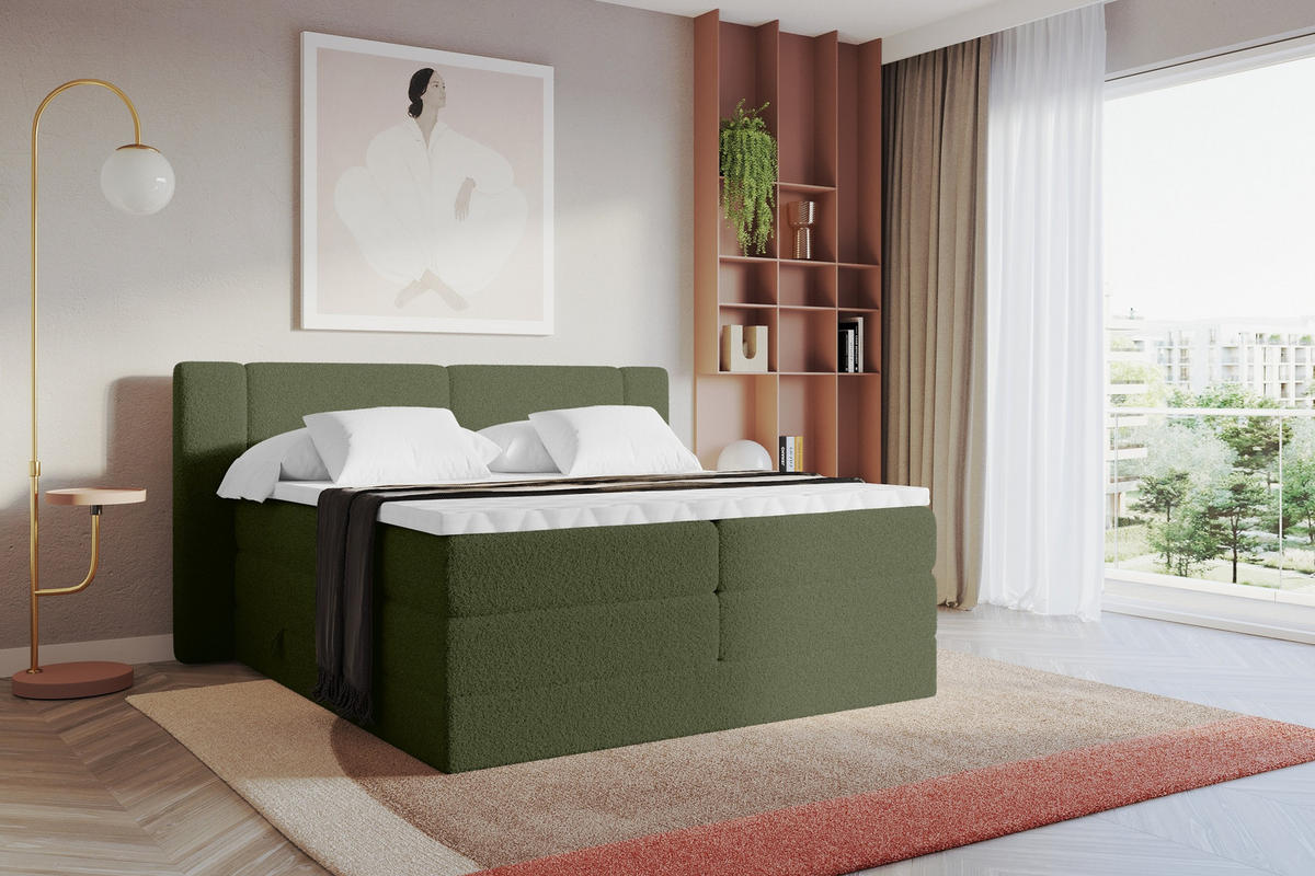 BOXSPRINGBETT mit Matratze H3/H4 - EVON KING - 140x200 cm Grün - Jadegrün, Holzwerkstoff (140/200cm) - ALTDECOR
