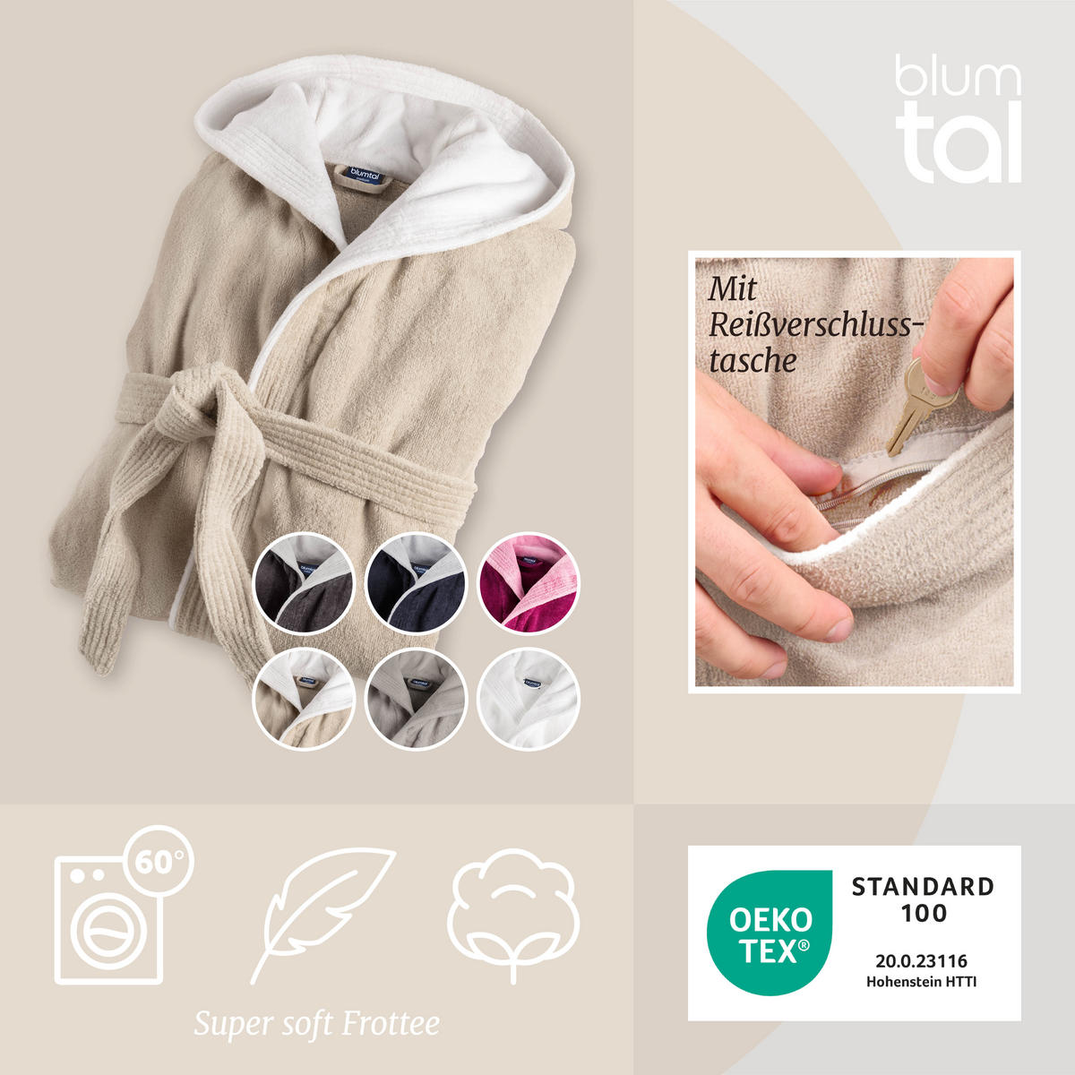 BADEMANTEL Cotton Ida: M, Taupe und Weiß - Beige, Textil (Mnull) - Blumtal