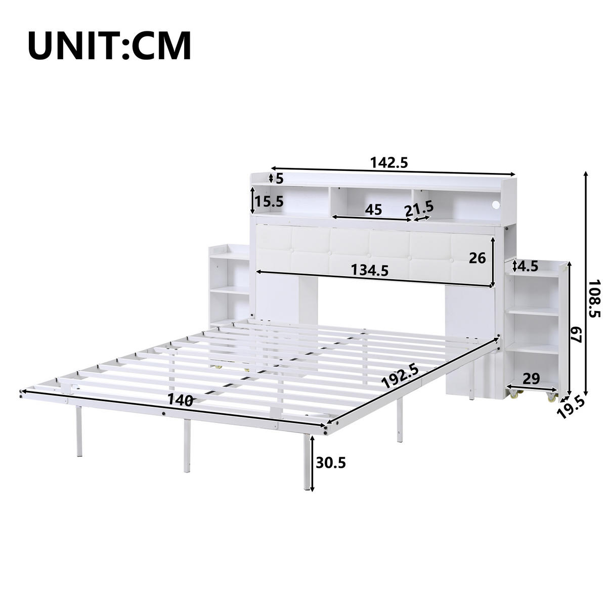 DOPPELBETT 140/190 cm Weiß mit LED-Beleuchtung und USB-Ladefunktion aus Metall - Weiß, Metall (140/190cm) - OKWISH