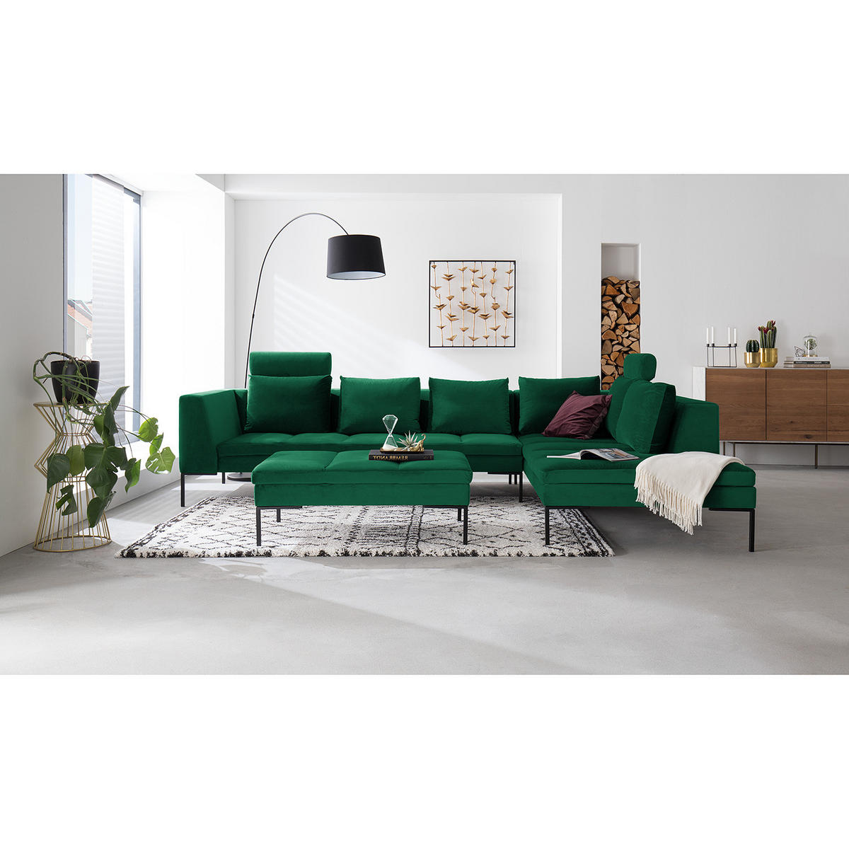 ECKSOFA mit Ottomane - Dunkelgrün/Schwarz, Textil/Metall (319/230cm) - home24