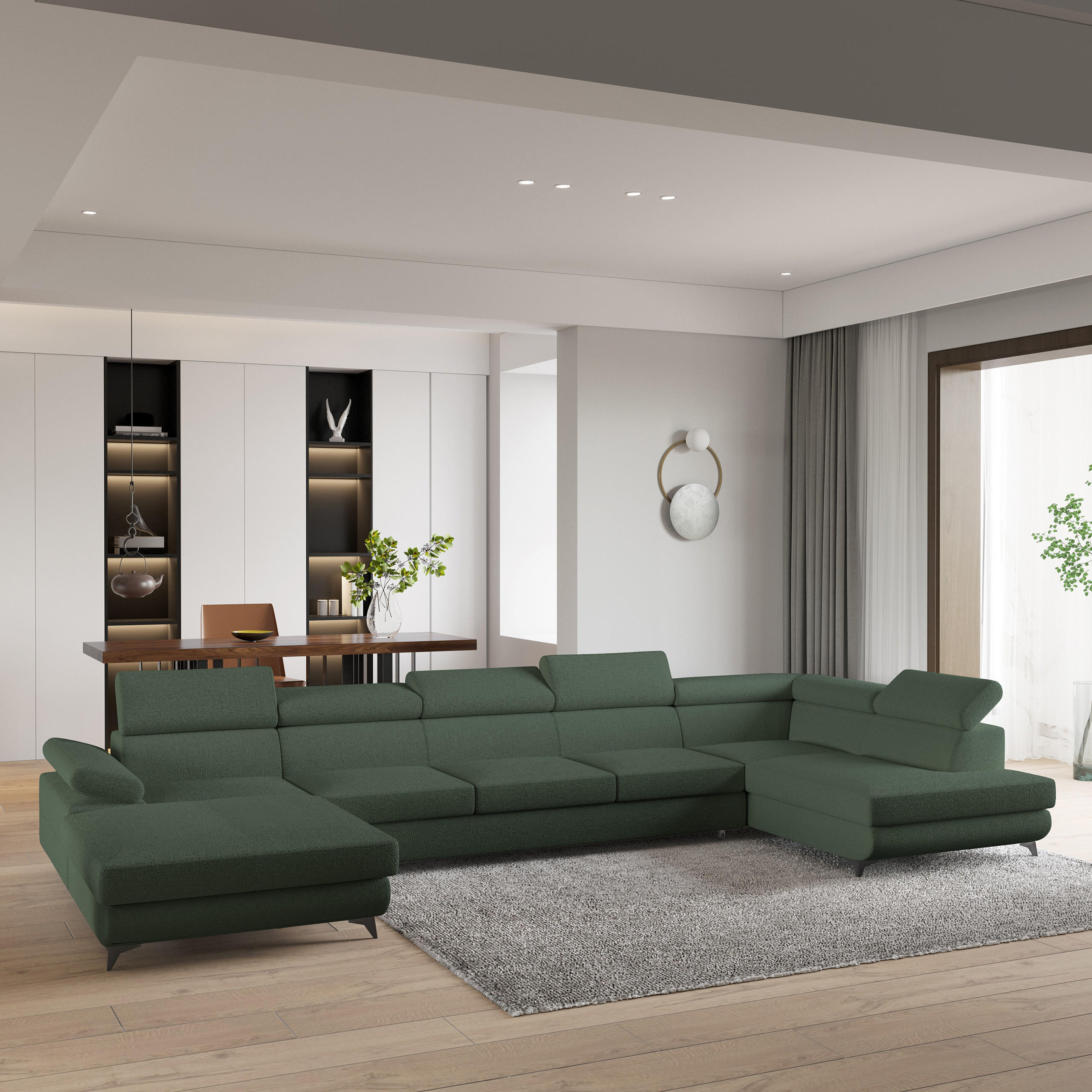 WOHNLANDSCHAFT MONTIVA Grün Boucle-Stoff mit Schlaffunktion - Grün, Holz (410/89/190cm) - MASSENO