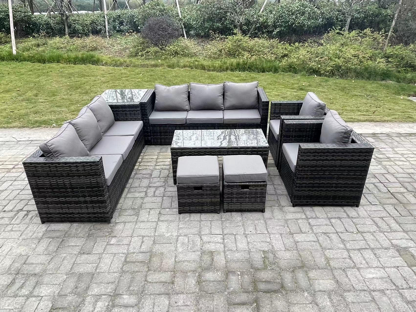 GARTENSOFA Hohe Rückenlehne Polyrattan 10-Sitzer - Dunkelgrau/Grau, Glas/Kunststoff - Fimous