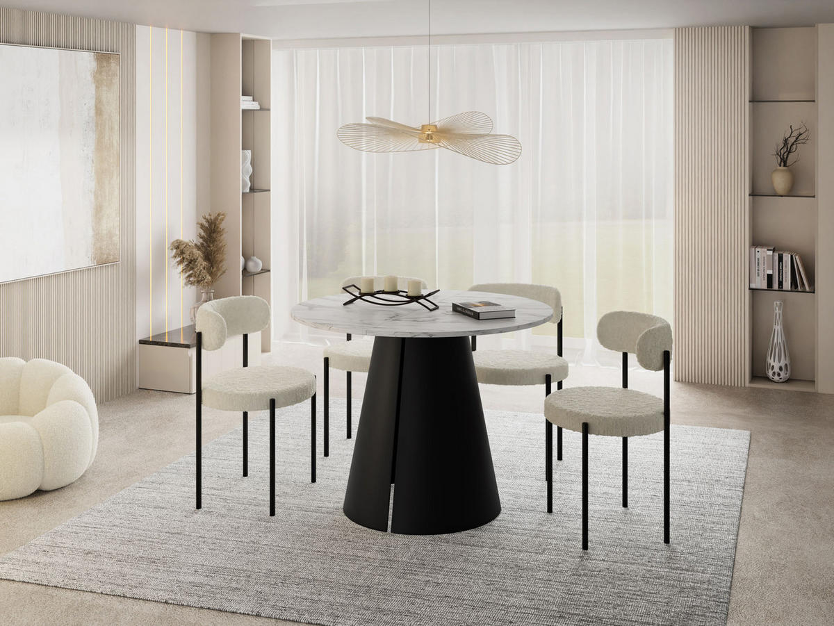 ESSTISCH Lamio runder ausziehbarer, Marmor Weiß 120-200/120/76 cm - Ecru/Schwarz, Holzwerkstoff/Metall (120/120/76cm) - WFL GROUP