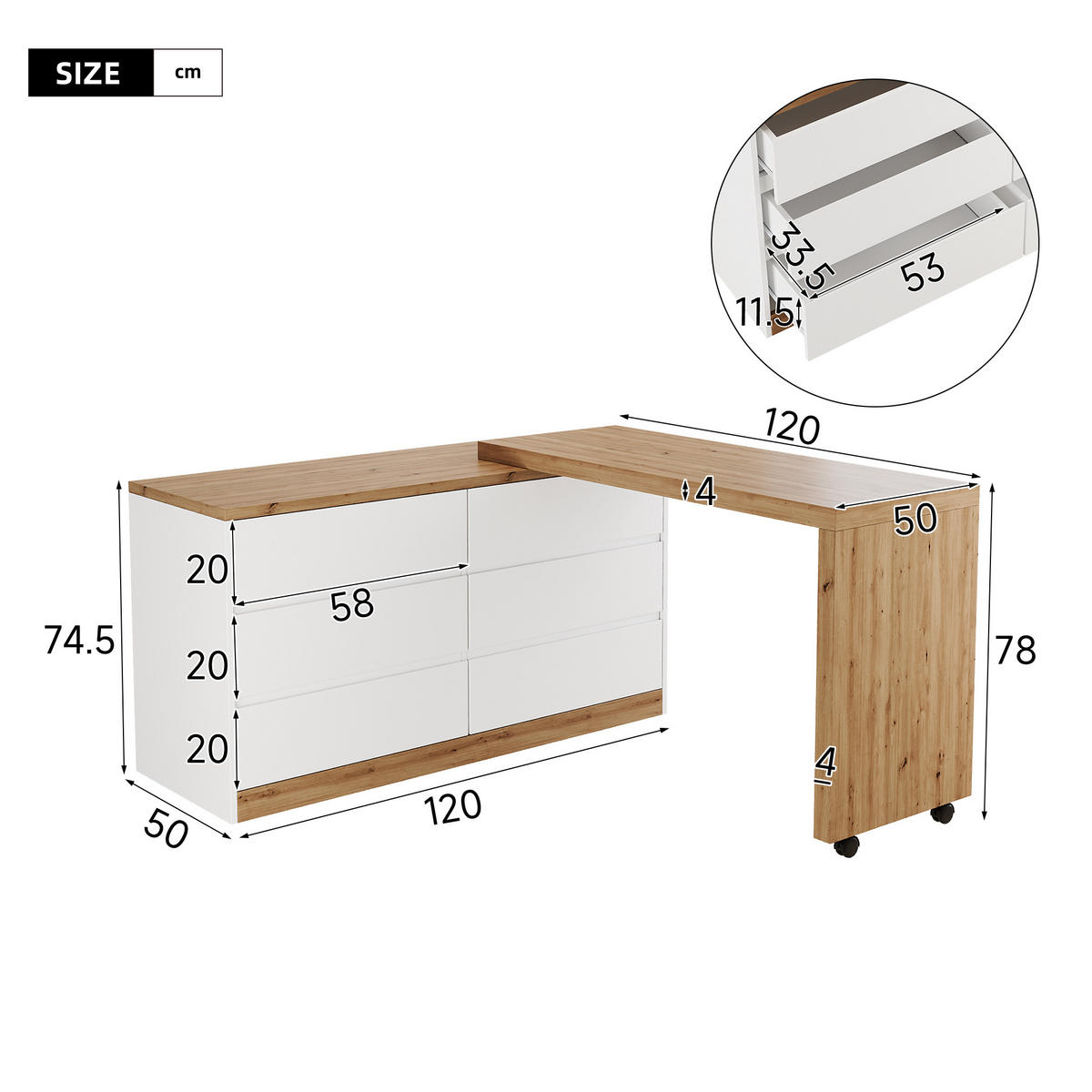 SCHREIBTISCH Klappbar Drehbar Rollen Weiß Eiche Modern - Multicolor, Holzwerkstoff (50/120/78cm) - FLIEKS